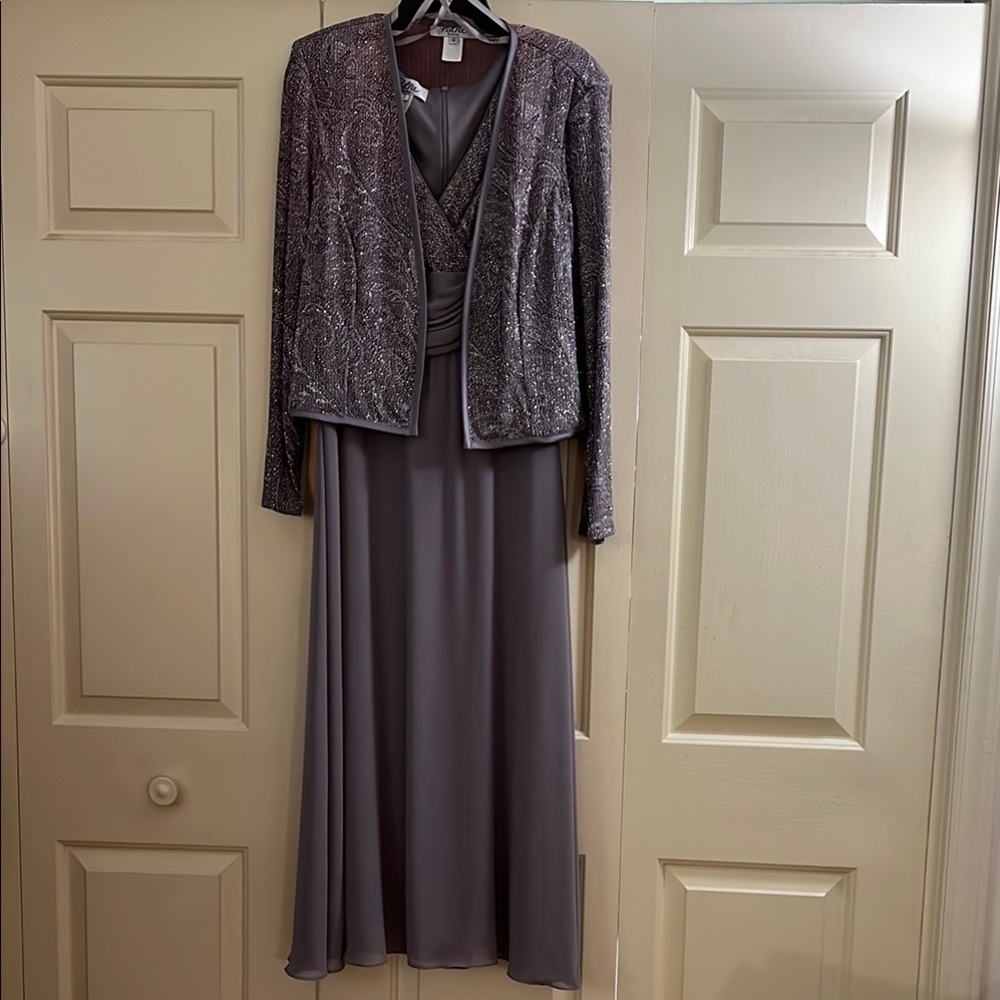 Patra Petite Silver Gray Evening/Mother of the Bride Maxi Sparkly Dress 12 P
